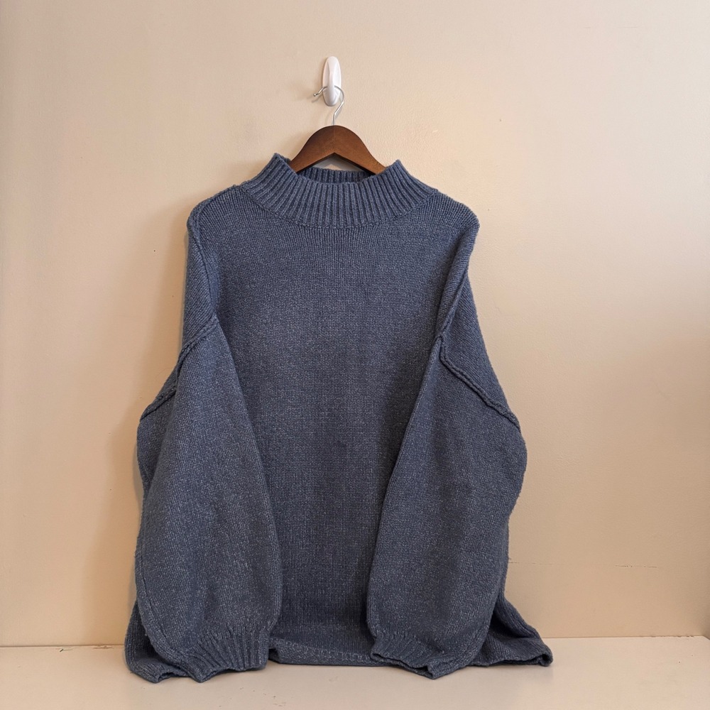 Women's Sz L Blue Mock Neck Oversized Sweater Fall Winter Capsule Staples - Picture 1 of 5
